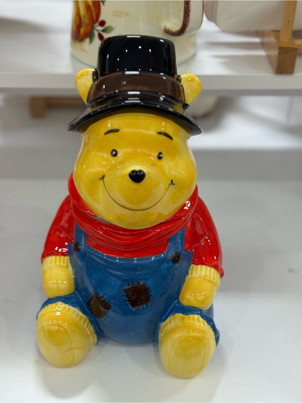 Disney winnie the pohh Bear Ceramic Figurine with Red Scarf and Blue Overalls